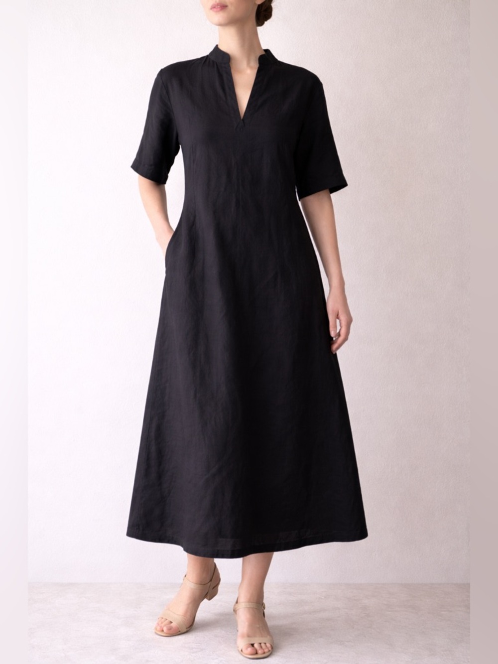 Velvet by Graham & Spencer Black Linen Midi Dress Minimal Shift XS